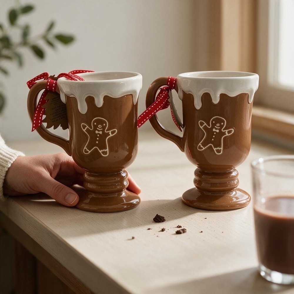 Rae Dunn Gingerbread Kisses Mugs Set of 2 Holiday Christmas Magenta Footed
